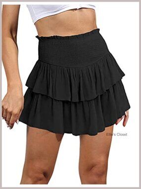 Cotton Ruffle Mini Skirt Smocked Waist A-Line Flowy Short Skirt